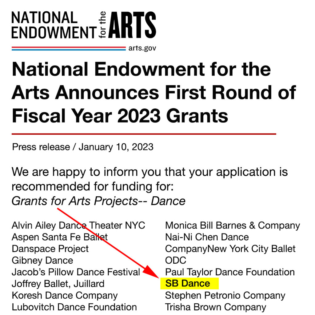 NEA informs SB Dance about being awarded a grant for 2023